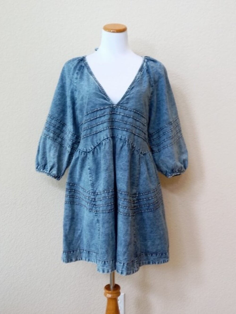 Free People washeddenim puff sleeve open, tie-back mini dress - Picture 8 of 14